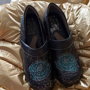 Spring Step Black Mules with Teal Floral Design